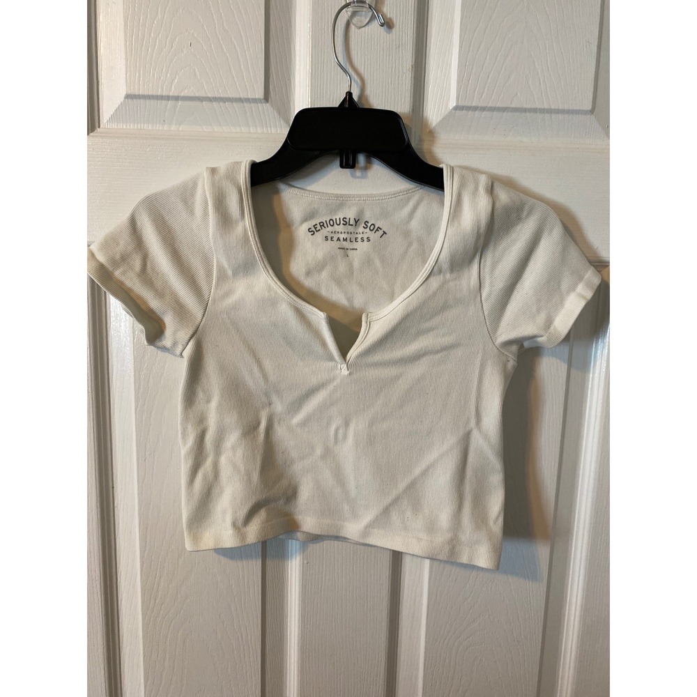 Aeropostale Seriously Soft Seamless Ribbed Crop Top White Notch Neck Large